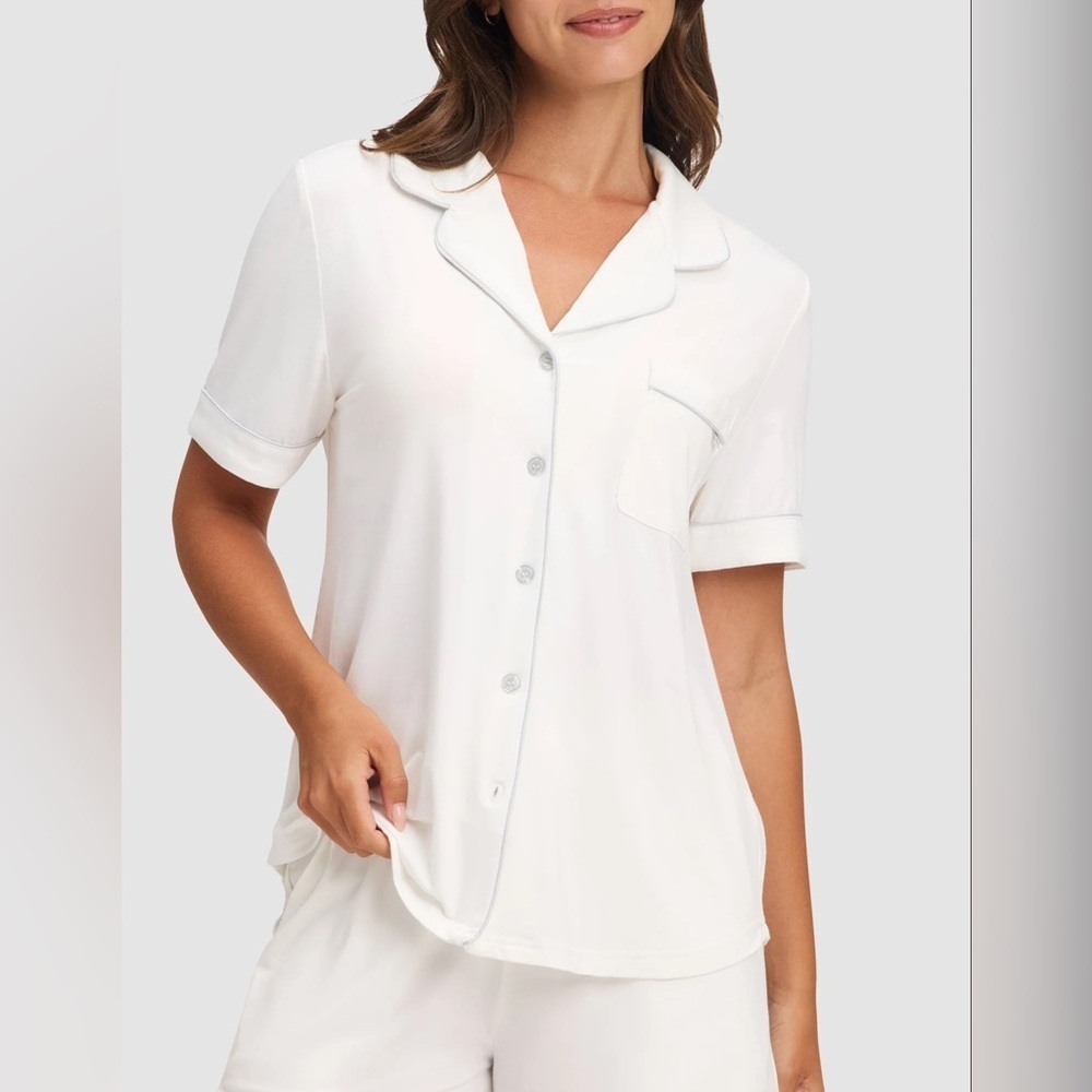 Cozy Earth Bamboo Stretch-Knit Short Sleeve Pajama Top in Ivory-Still Full Price